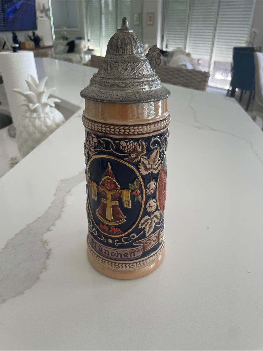 Traditional German-Style Ceramic Beer Stein in Navy and Tan